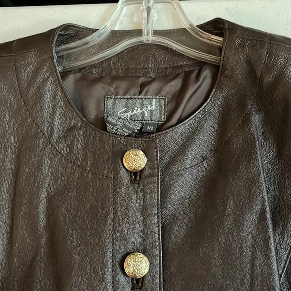 Spiegal size 14 brown leather jacket gold buttons pockets - Picture 2 of 12